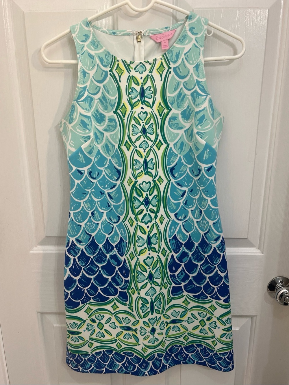 Lilly Pulitzer Perla Scuba Scales Shift Dress Womens XS Blue Green Nautical